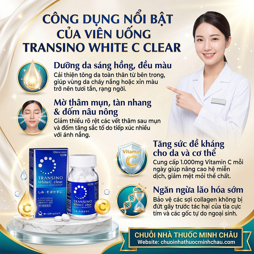 4 công dụng nổi bật của viên uống Transino White C Clear: dưỡng sáng da, mờ thâm nám, tăng đề kháng và chống lão hóa