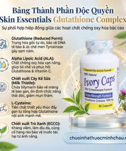 Bảng thành phần độc quyền Skin Essentials Glutathione Complex 1500mg và Kế sữa trong viên uống Ivory Caps