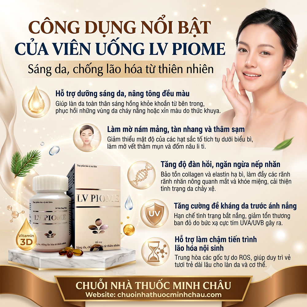 5 công dụng nổi bật của viên uống LV PIOME: sáng da đều màu, mờ nám tàn nhang, tăng độ đàn hồi và chống lão hóa