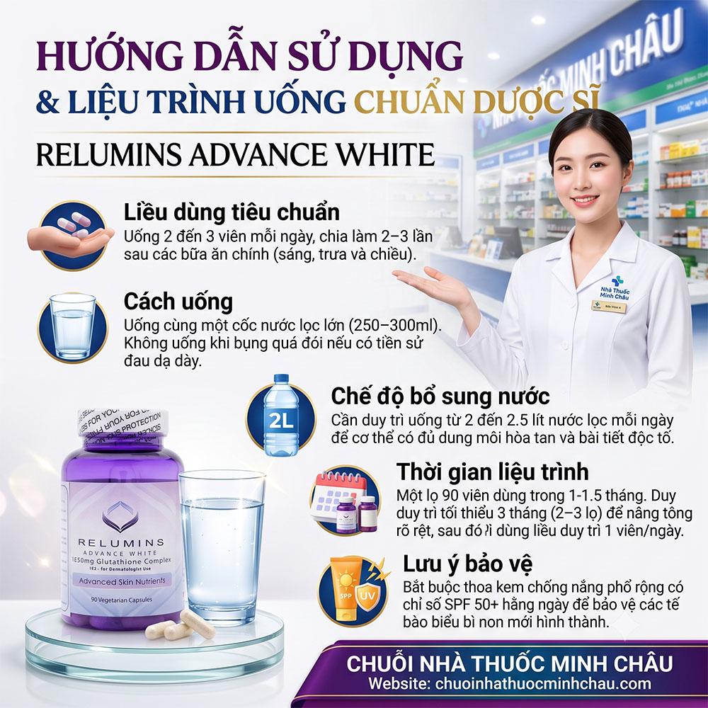 Hướng dẫn sử dụng và liệu trình uống viên Relumins Advance White Glutathione Complex 1650mg chuẩn Dược sĩ Minh Châu