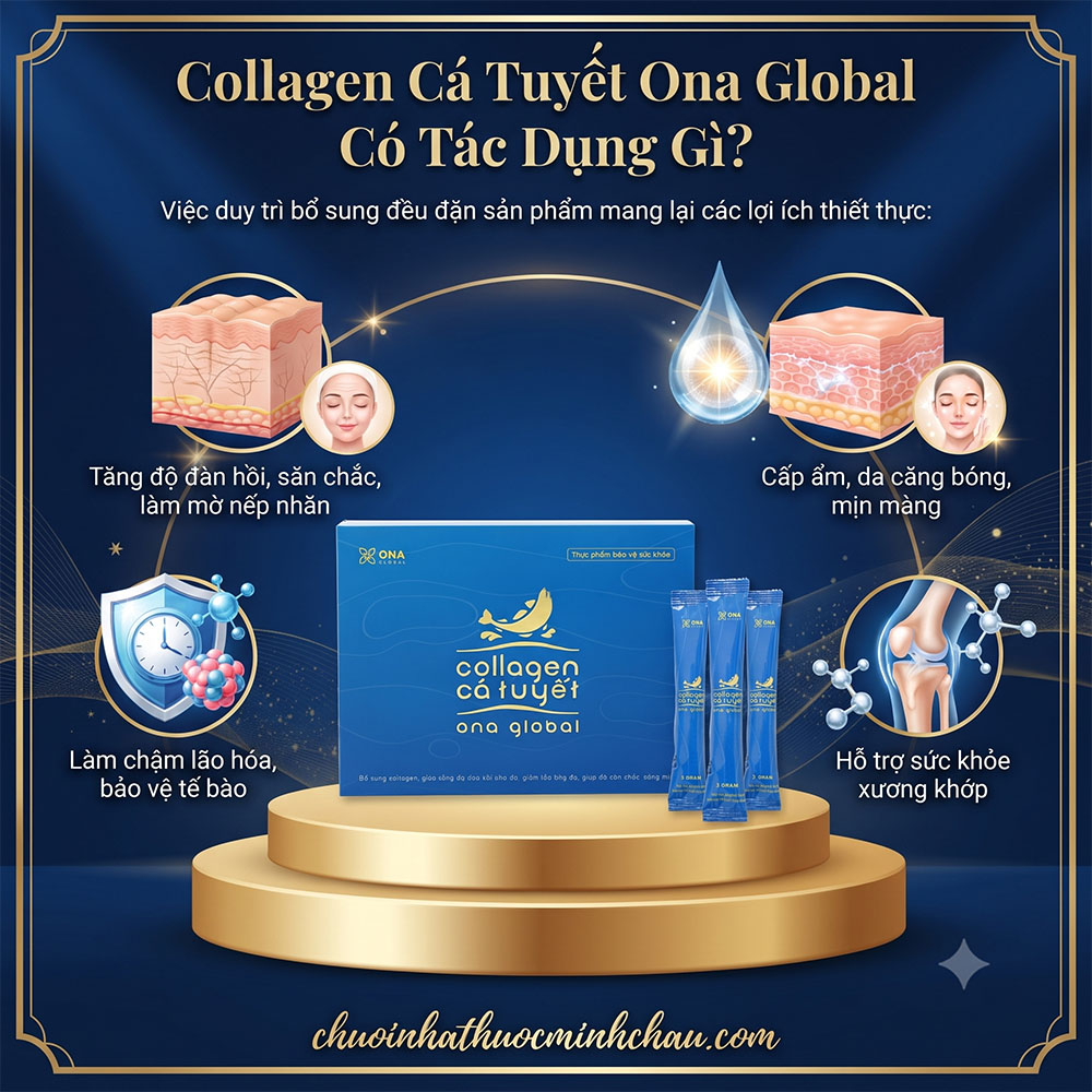 Tác dụng và công dụng tăng độ đàn hồi, cấp ẩm và làm chậm lão hóa của collagen cá tuyết Ona Global chính hãng