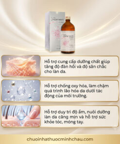 Tác dụng tăng độ đàn hồi, chống oxy hóa và duy trì độ ẩm da của nước uống Super Snow White Collagen 450ml chính hãng Nhật Bản ```[cite: 5]