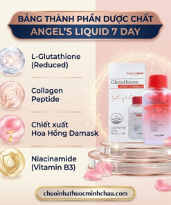 Bảng thành phần dược chất L-Glutathione Collagen Peptide hoa hồng Damask và Niacinamide trong viên uống Angel's Liquid 7 Day