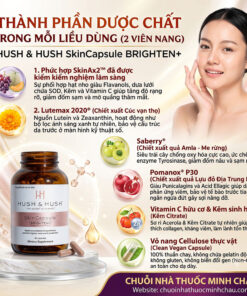 Bảng thành phần dược chất phức hợp SkinAx2 Lutemax 2020 Saberry và Pomanox trong viên uống Hush & Hush SkinCapsule BRIGHTEN+