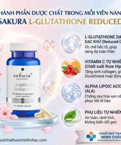 Bảng thành phần dược chất L-Glutathione dạng khử Vitamin C Rose Hips và Alpha Lipoic Acid trong viên uống Sakura L-Glutathione Reduced