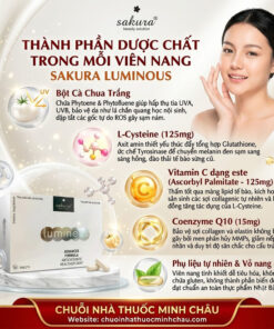 Bảng thành phần bột cà chua trắng L-Cysteine Vitamin C este và CoQ10 trong viên uống Sakura Luminous