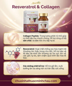 Chi tiết thành phần collagen peptide, resveratrol và dưỡng chất bổ trợ trong hộp viên uống Resveratrol Collagen Plus JpanWell 120 viên chính hãng Nhật Bản