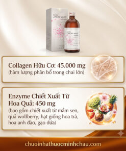 Chi tiết thành phần collagen hữu cơ 45.000mg và enzyme chiết xuất từ hoa quả trong chai nước uống Super Snow White Collagen 450ml chính hãng Nhật Bản