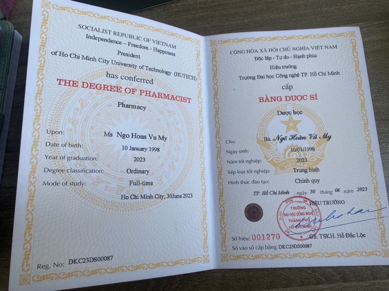 Bằng tốt nghiệp Dược sĩ Đại học chuyên ngành Dược học của Dược sĩ Ngô Hoàn Vũ My tại HUTECH