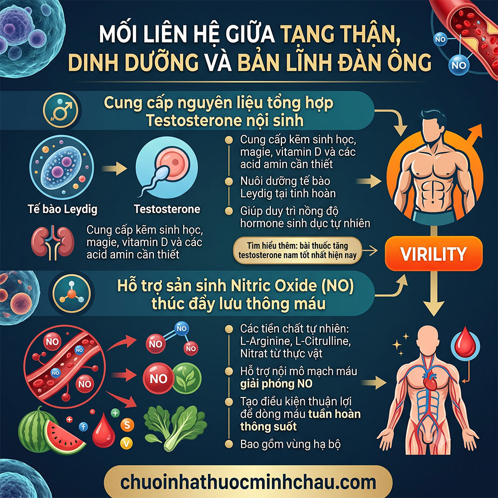 Ăn gì bổ thận tráng dương - Cơ chế dinh dưỡng tổng hợp testosterone nội sinh và nitric oxide giãn mạch