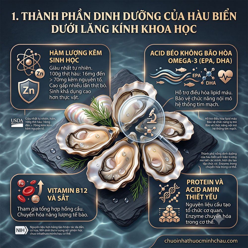 Ăn hàu có tác dụng gì cho nam giới - Thành phần dinh dưỡng của hàu biển gồm kẽm sinh học omega 3 vitamin B12 theo USDA và NIH