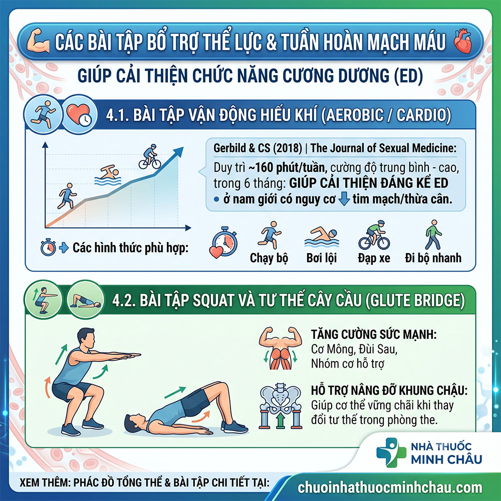 các bài tập bổ trợ thể lực và tuần hoàn mạch máu giúp cải thiện chức năng cương dương gồm bài tập aerobic cardio chạy bộ bơi lội squat và cây cầu glute bridge