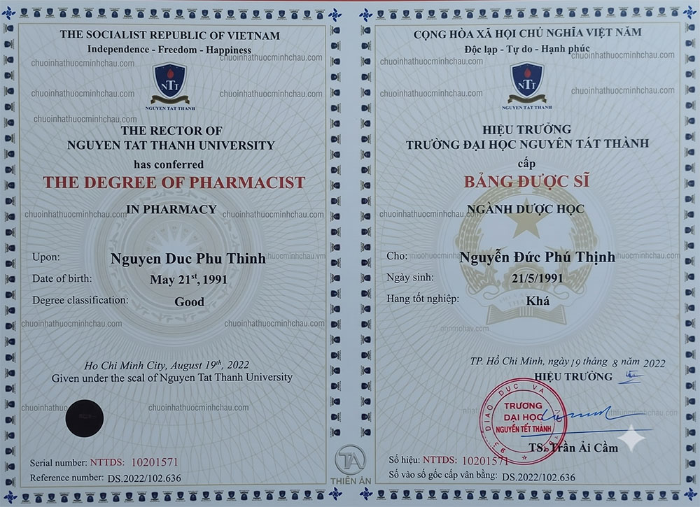 Bằng tốt nghiệp Dược sĩ Đại học chuyên ngành Dược học của Dược sĩ Nguyễn Đức Phú Thịnh tại NTTU