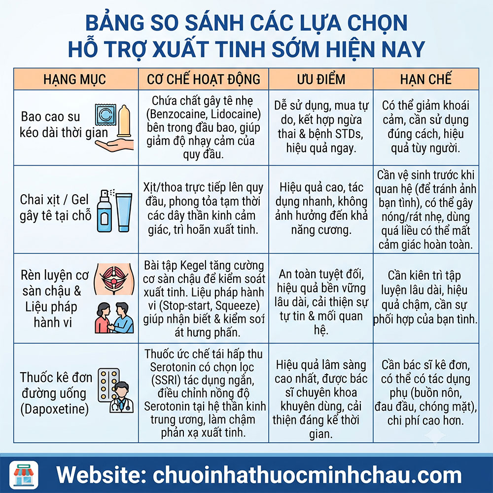 Xuất tinh sớm nguyên nhân và cách khắc phục - Bảng so sánh các lựa chọn hỗ trợ xuất tinh sớm hiện nay