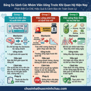 Bảng so sánh 3 nhóm viên uống trước khi quan hệ gồm thuốc kê đơn Dapoxetine, viên phối hợp trôi nổi và viên thảo dược bổ trợ