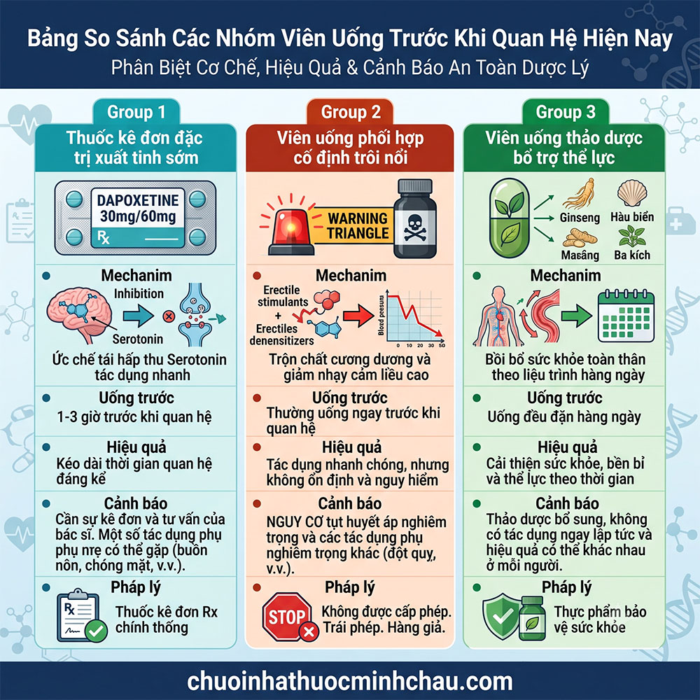 Bảng so sánh 3 nhóm viên uống trước khi quan hệ gồm thuốc kê đơn Dapoxetine, viên phối hợp trôi nổi và viên thảo dược bổ trợ