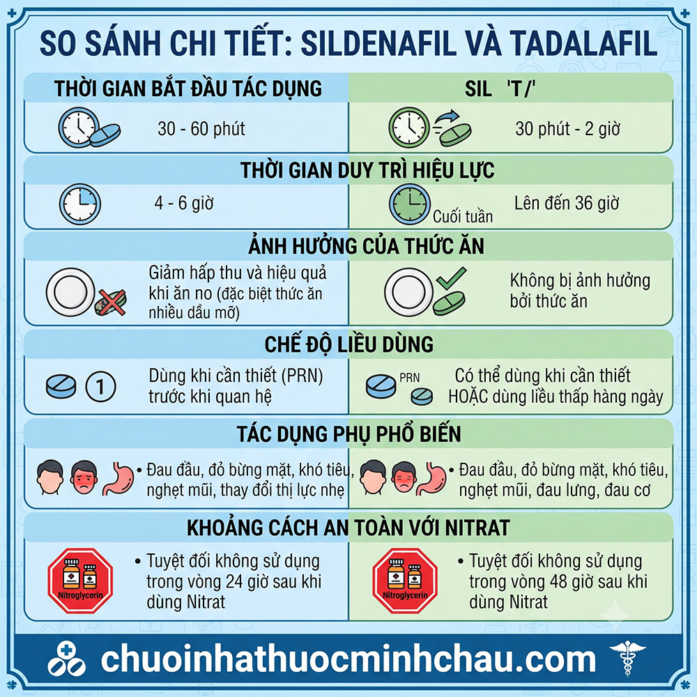Bảng so sánh chi tiết Sildenafil và Tadalafil về thời gian tác dụng ảnh hưởng thức ăn liều dùng và tác dụng phụ