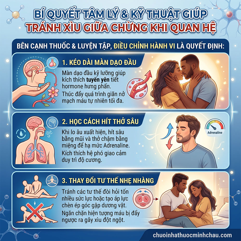 bí quyết tâm lý và kỹ thuật giúp tránh xìu giữa chừng khi quan hệ gồm kéo dài dạo đầu học cách hít thở sâu và thay đổi tư thế nhẹ nhàng