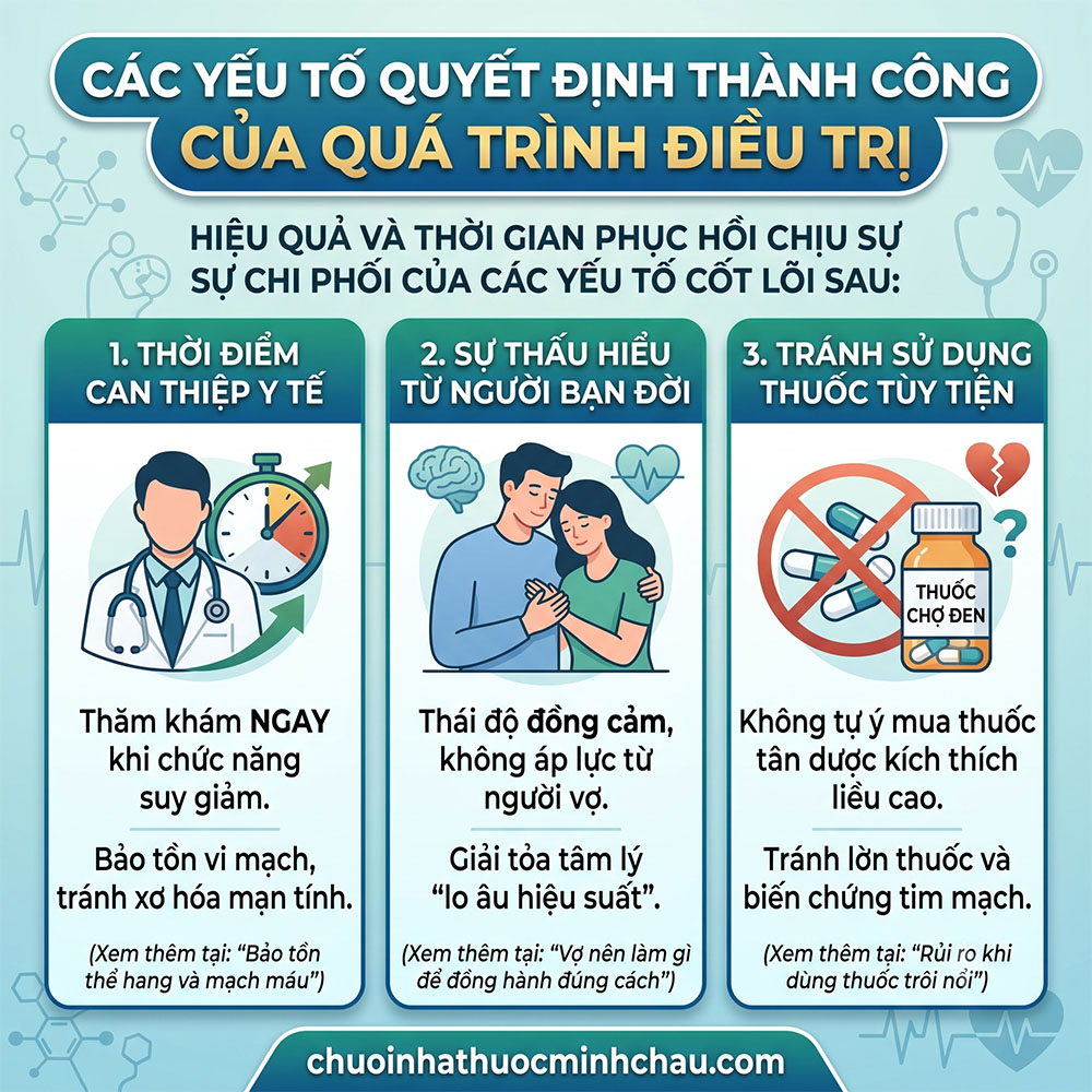 yếu tố quyết định thành công khi điều trị yếu sinh lý gồm thời điểm can thiệp, sự thấu hiểu từ bạn đời và tránh dùng thuốc tùy tiện
