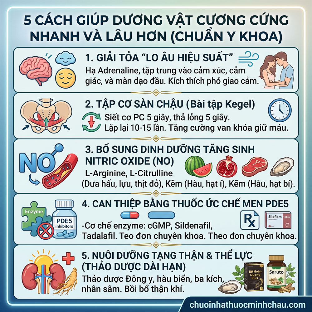 cách giúp dương vật cương cứng nhanh và lâu hơn chuẩn y khoa gồm giải tỏa tâm lý tập Kegel tăng sinh Nitric Oxide thuốc PDE5 và thảo dược bổ thận