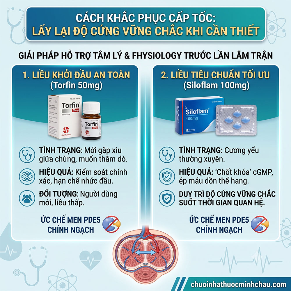 hướng dẫn cách khắc phục cấp tốc đang quan hệ bị xìu với liều khởi đầu Torfin 50mg và liều tiêu chuẩn Siloflam 100mg