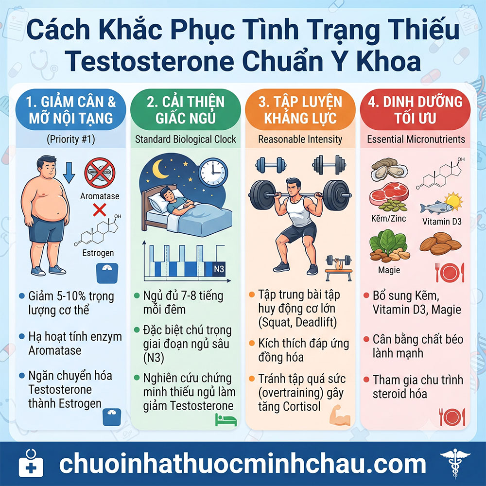 Cách khắc phục tình trạng thiếu testosterone chuẩn y khoa giảm mỡ nội tạng ngủ sâu N3 tập kháng lực và dinh dưỡng