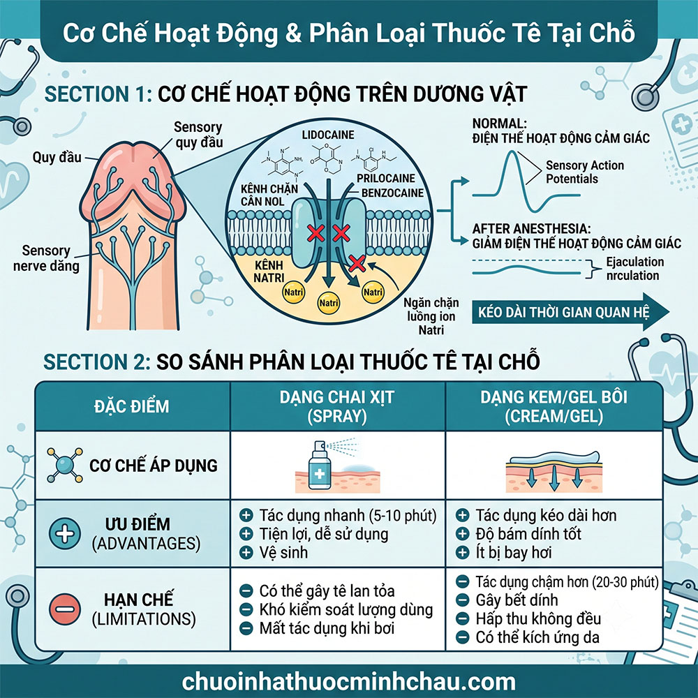 Cơ chế phong bế kênh Natri và so sánh thuốc xịt với kem bôi chống xuất tinh sớm
