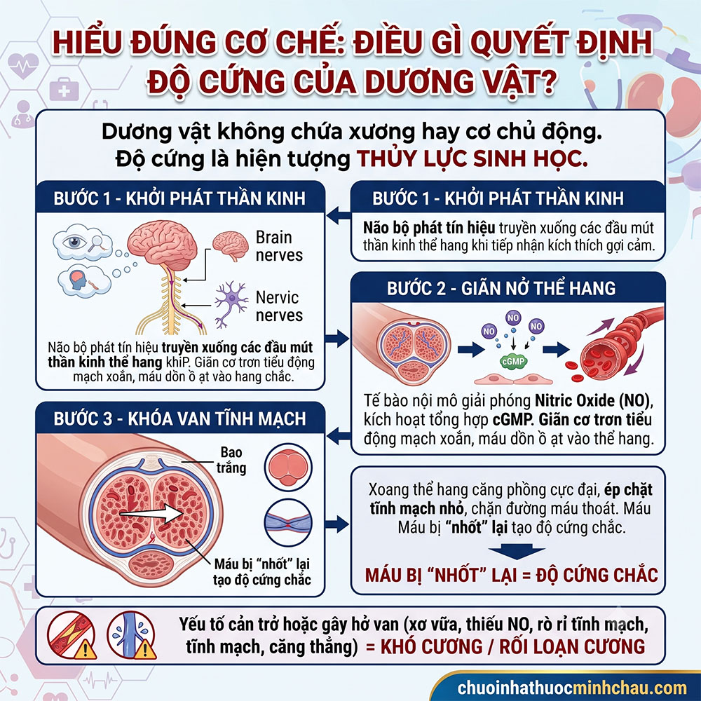 Sơ đồ cơ chế quyết định độ cứng của dương vật qua 3 bước khởi phát thần kinh giãn nở thể hang và khóa van tĩnh mạch