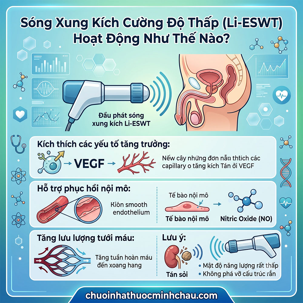Cơ chế hoạt động của sóng xung kích cường độ thấp Li-ESWT kích thích VEGF phục hồi nội mô và tăng tưới máu thể hang