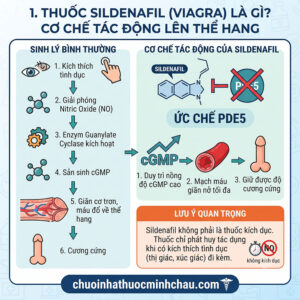 Cơ chế tác động của thuốc Sildenafil Viagra lên thể hang ức chế men PDE5 và duy trì cGMP