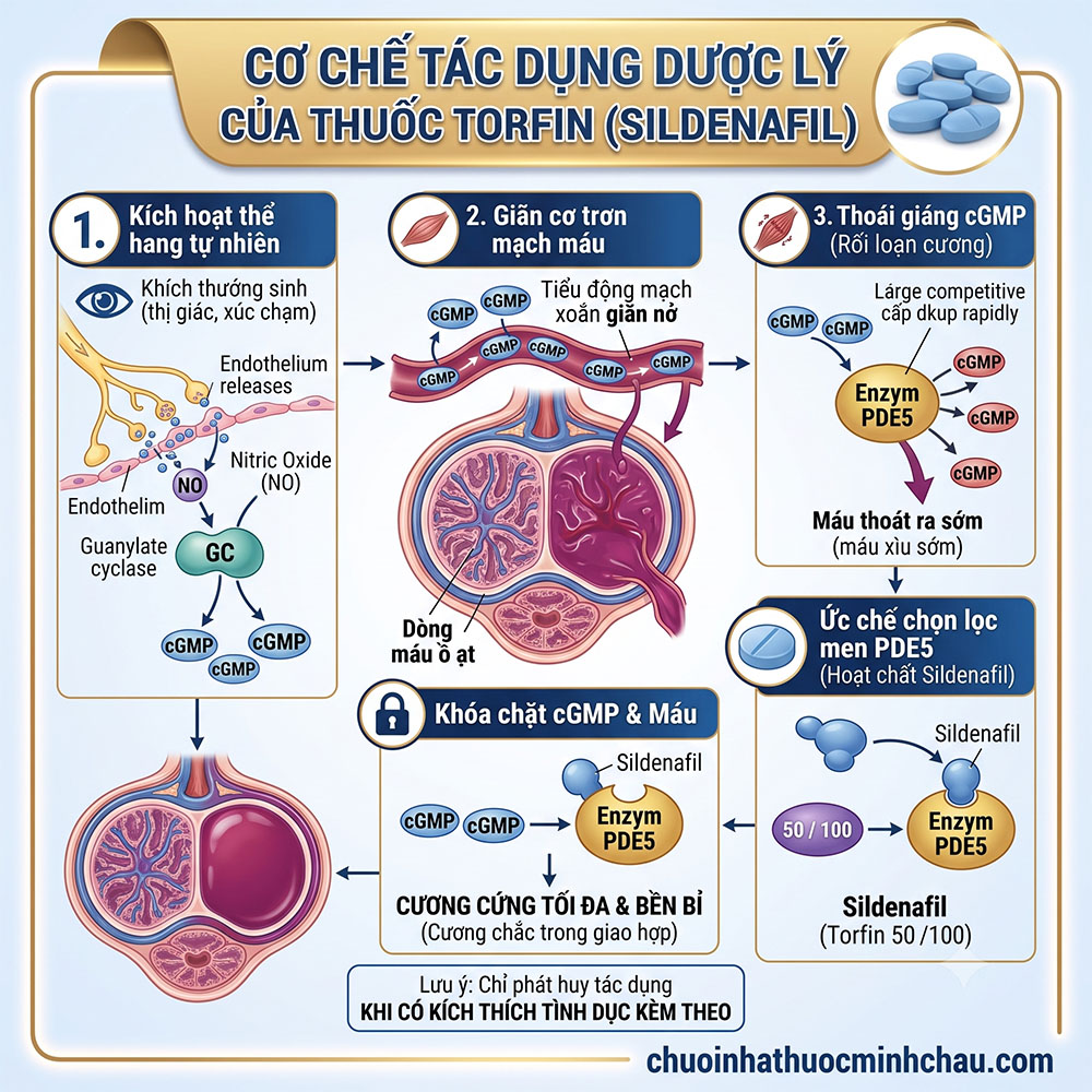 Sơ đồ cơ chế tác dụng dược lý của thuốc Torfin Sildenafil ức chế chọn lọc men PDE5 giúp giãn cơ trơn thể hang và duy trì cương cứng
