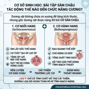 Sơ đồ cơ sở sinh học giải thích tác động của bài tập sàn chậu gồm cơ ngồi hang Ischiocavernosus và cơ hành hang Bulbospongiosus lên chức năng cương và kiểm soát dòng máu