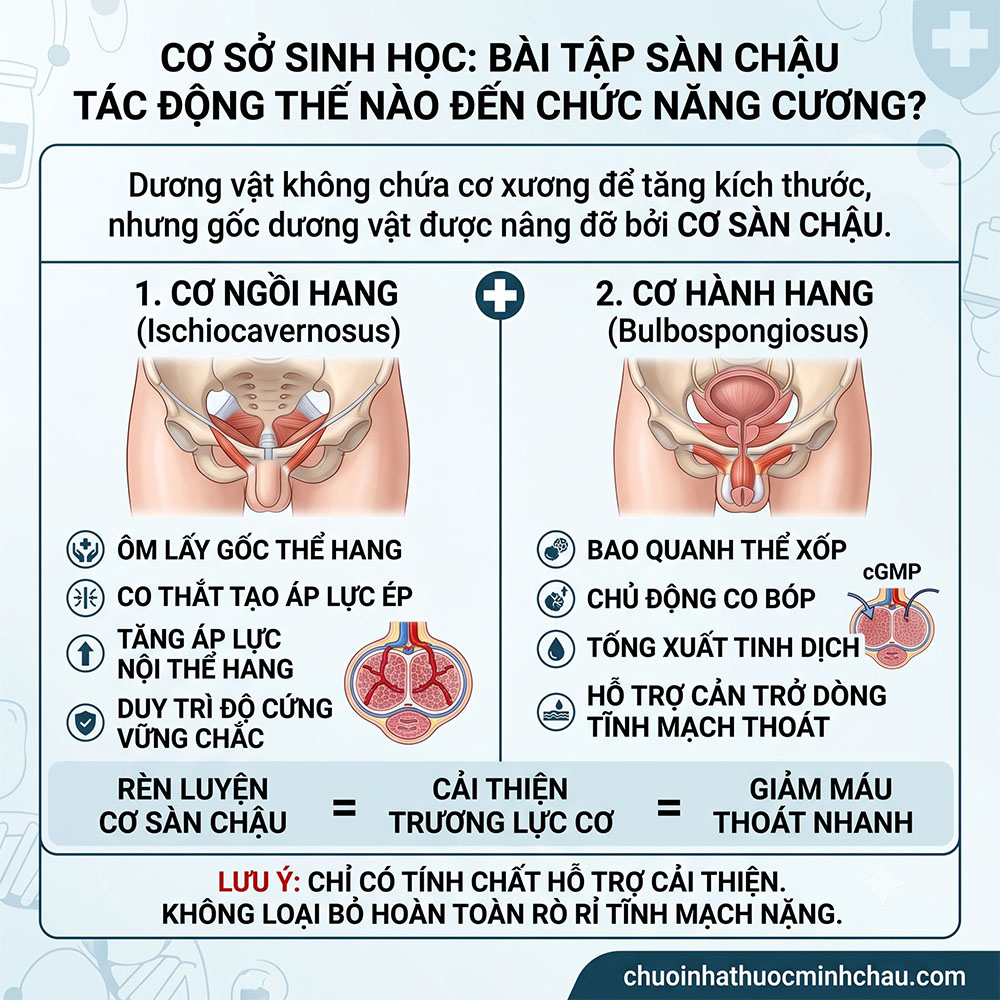 Sơ đồ cơ sở sinh học giải thích tác động của bài tập sàn chậu gồm cơ ngồi hang Ischiocavernosus và cơ hành hang Bulbospongiosus lên chức năng cương và kiểm soát dòng máu