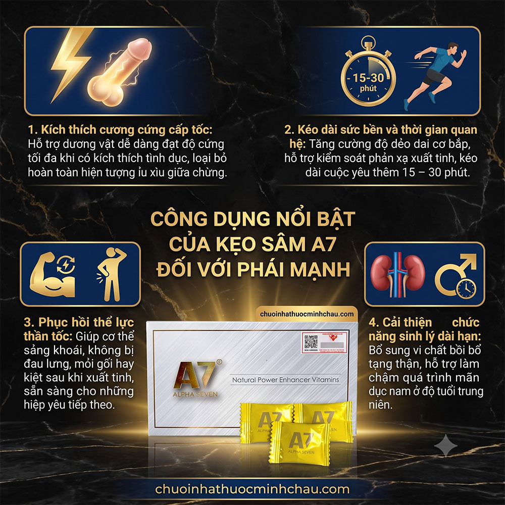 Công dụng kẹo sâm A7 Alpha Seven giúp cương cứng nhanh kéo dài thời gian quan hệ và bền bỉ suốt 48 giờ