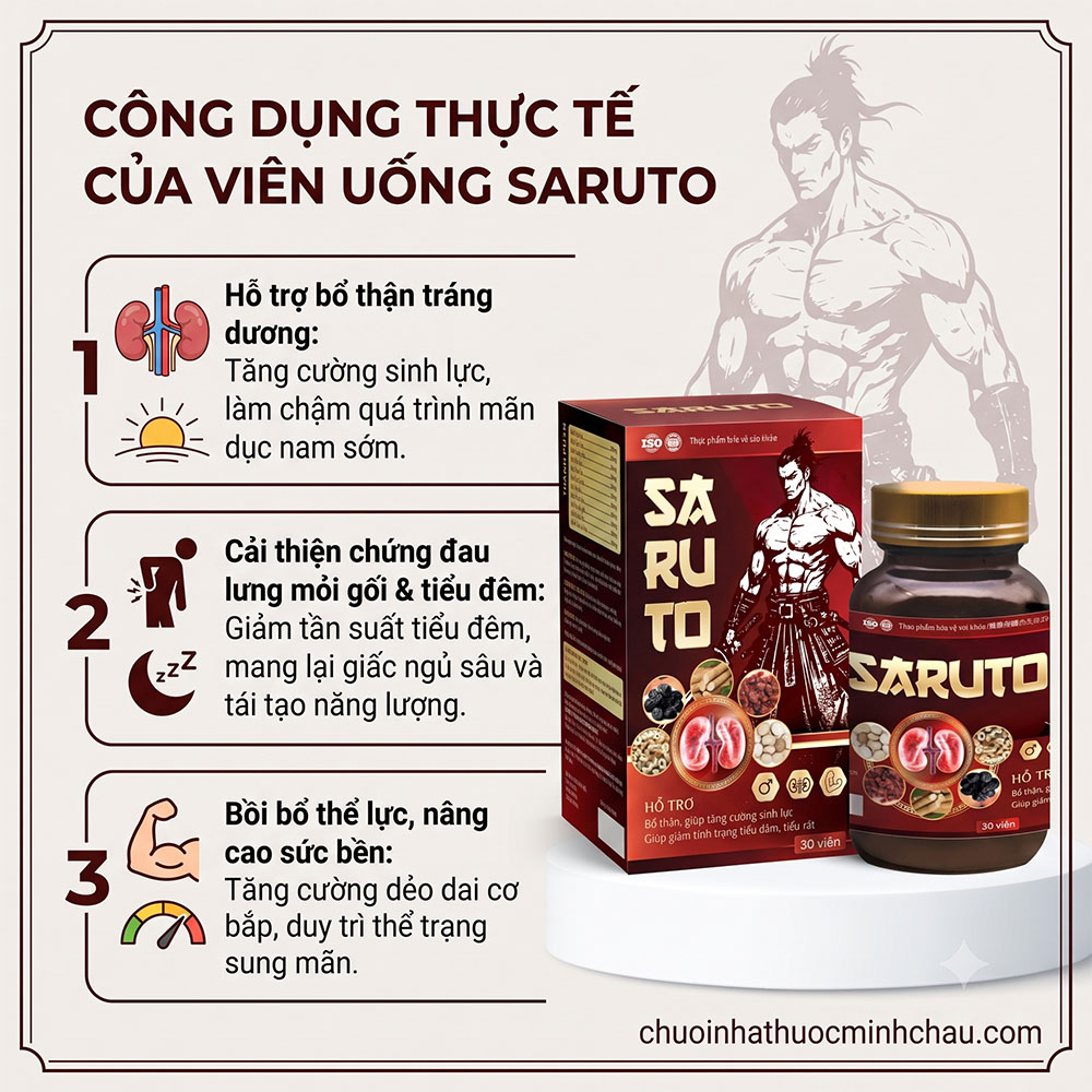 công dụng thực tế của viên uống Saruto gồm bổ thận tráng dương cải thiện đau lưng mỏi gối tiểu đêm và bồi bổ thể lực