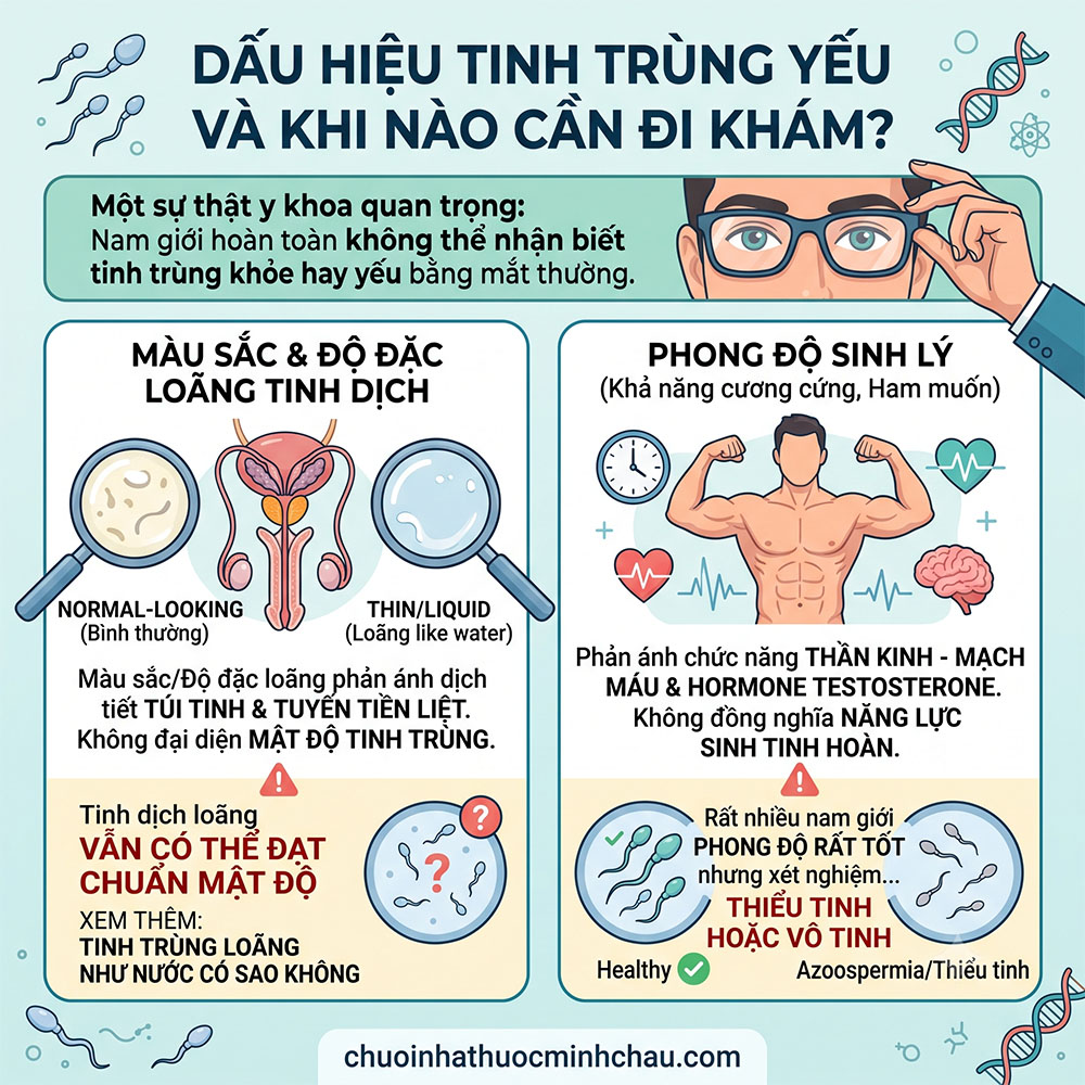 Dấu hiệu tinh trùng yếu và khi nào cần đi khám - Phân biệt màu sắc độ loãng tinh dịch và phong độ sinh lý với chất lượng sinh tinh