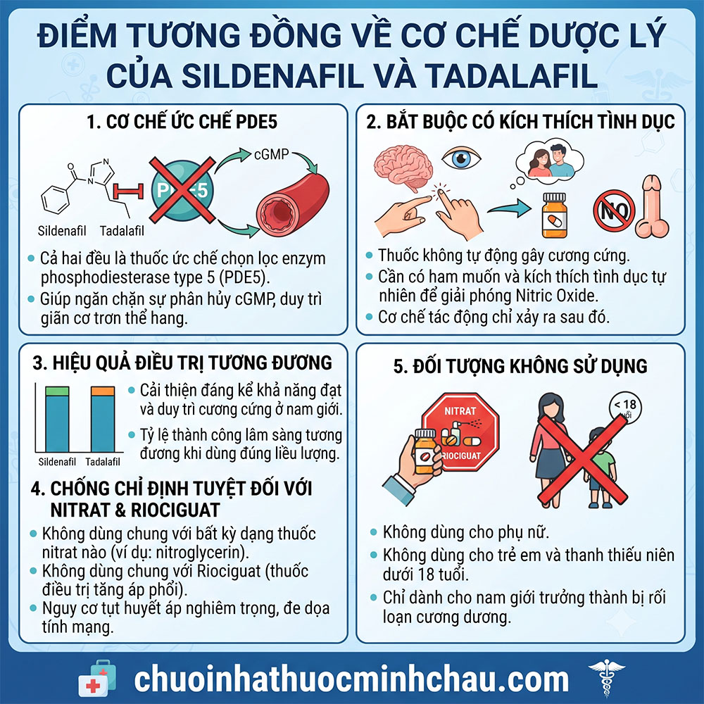 Điểm tương đồng về cơ chế dược lý của Sildenafil và Tadalafil ức chế men PDE5 và chống chỉ định Nitrat