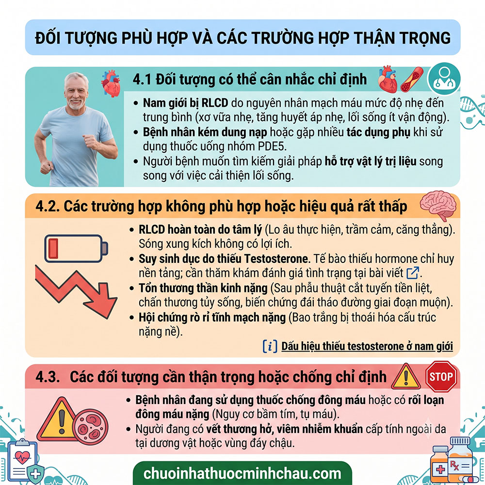 Đối tượng phù hợp và các trường hợp thận trọng khi điều trị rối loạn cương dương bằng sóng xung kích