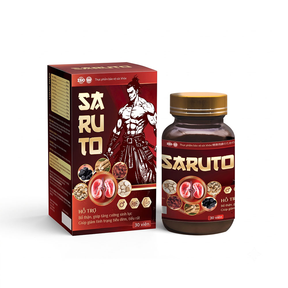 Hộp và lọ viên uống bổ thận Saruto 30 viên hỗ trợ tăng cường sinh lực và giảm tiểu đêm