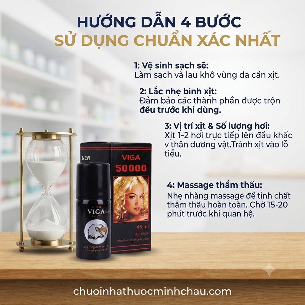 hướng dẫn 4 bước sử dụng chai xịt Super Viga 50000 đúng cách chuẩn y khoa từ Nhà Thuốc Minh Châu
