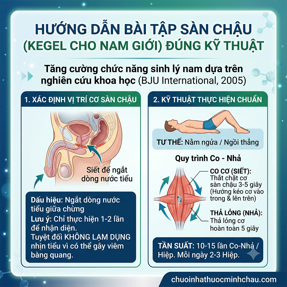 Infographic hướng dẫn bài tập sàn chậu Kegel cho nam giới đúng kỹ thuật gồm cách xác định vị trí cơ sàn chậu và quy trình co nhả chuẩn khoa học BJU International 2005