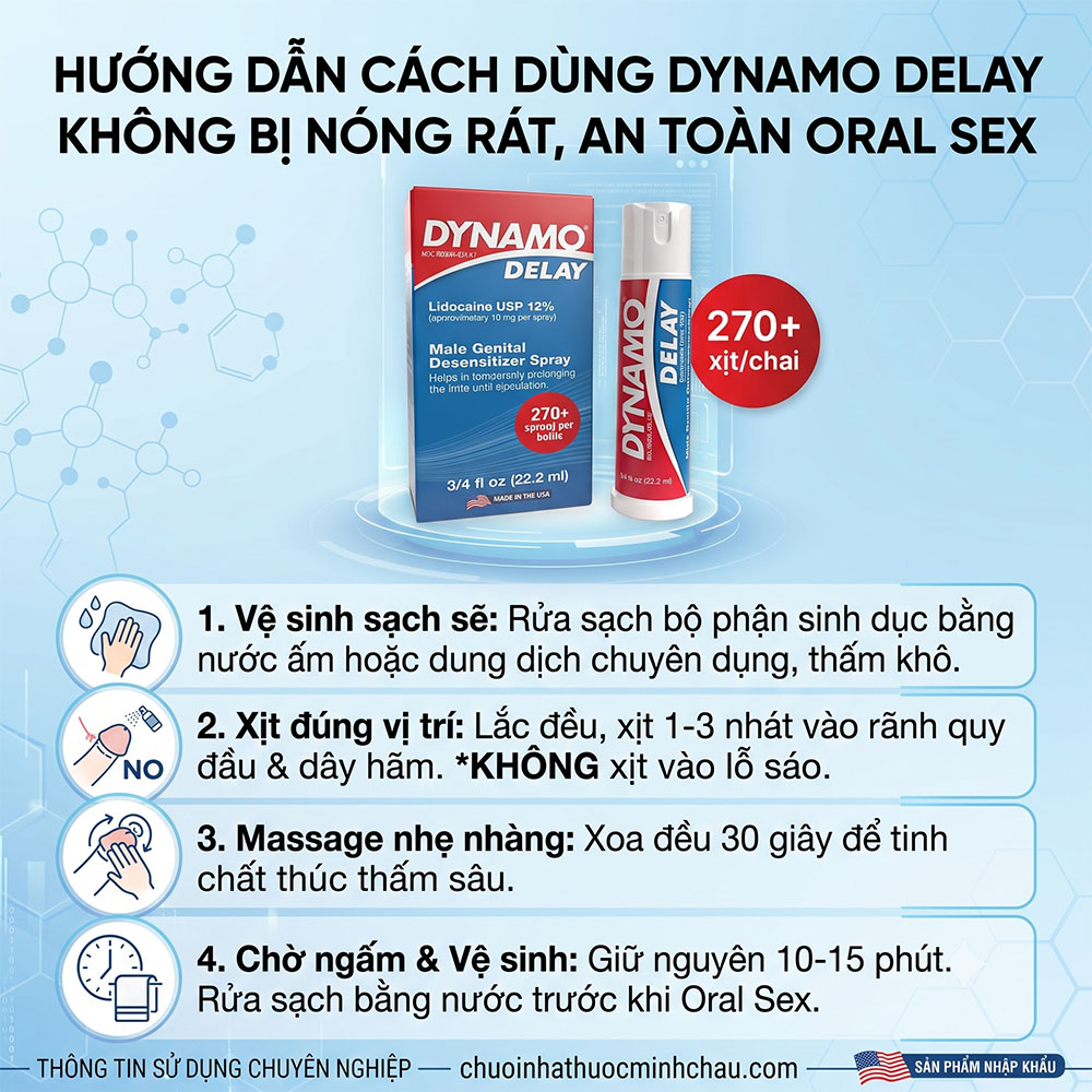 Hướng dẫn cách dùng chai xịt Dynamo Delay an toàn oral sex - Chuỗi Nhà Thuốc Minh Châu