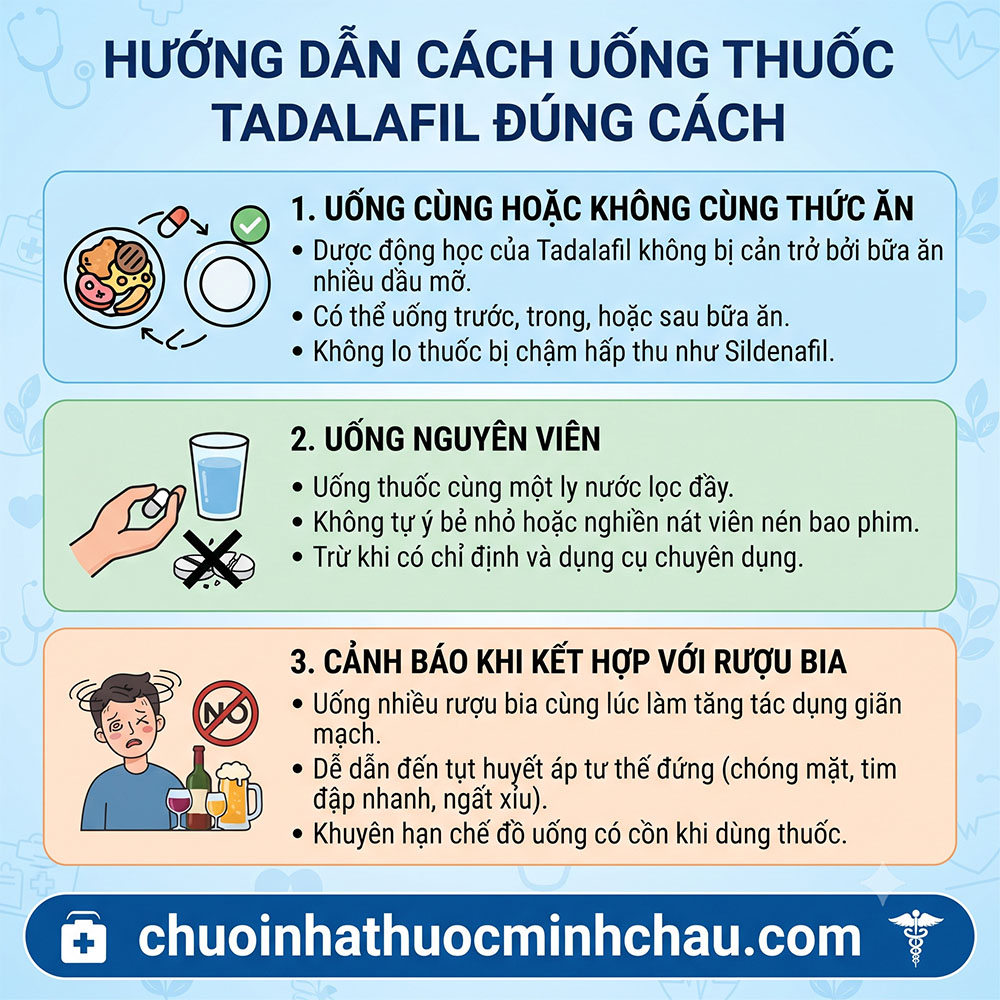 Hướng dẫn cách uống thuốc Tadalafil đúng cách uống cùng thức ăn uống nguyên viên và cảnh báo rượu bia
