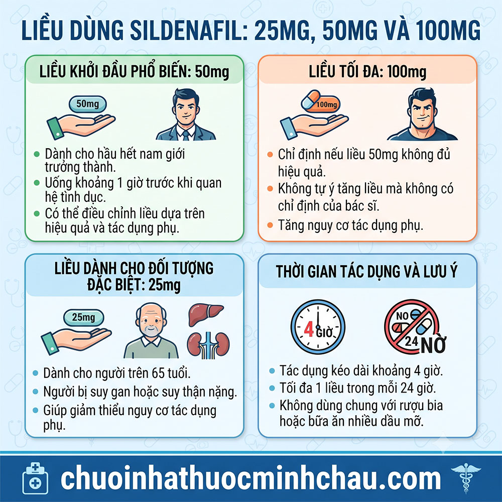 Hướng dẫn liều dùng Sildenafil 25mg cho người cao tuổi, 50mg và 100mg - Lưu ý thời gian tác dụng