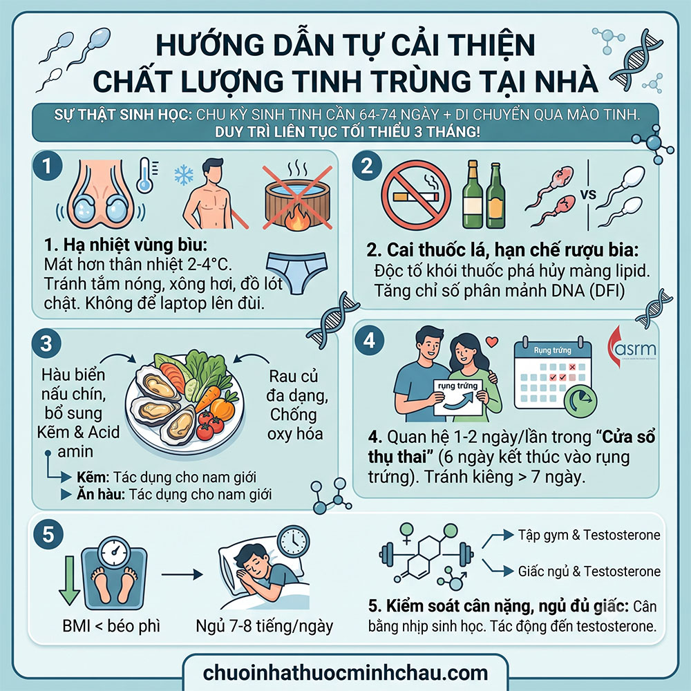 Hướng dẫn tự cải thiện chất lượng tinh trùng tại nhà gồm hạ nhiệt vùng bìu cai thuốc lá rượu bia bổ sung kẽm tần suất quan hệ chuẩn ASRM và ngủ đủ giấc