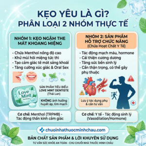 kẹo yêu là gì phân loại 2 nhóm thực tế gồm kẹo ngậm the mát khoang miệng Love Mint Dentiste và sản phẩm hỗ trợ chức năng sinh lý nam