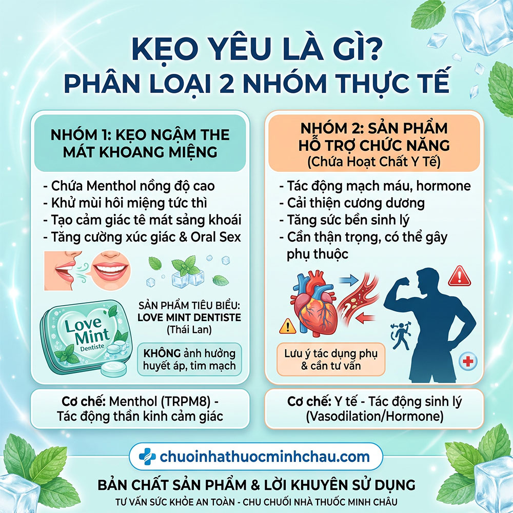 kẹo yêu là gì phân loại 2 nhóm thực tế gồm kẹo ngậm the mát khoang miệng Love Mint Dentiste và sản phẩm hỗ trợ chức năng sinh lý nam