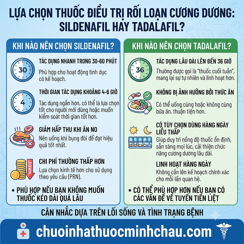 Hướng dẫn lựa chọn thuốc điều trị rối loạn cương dương khi nào nên chọn Sildenafil hay Tadalafil