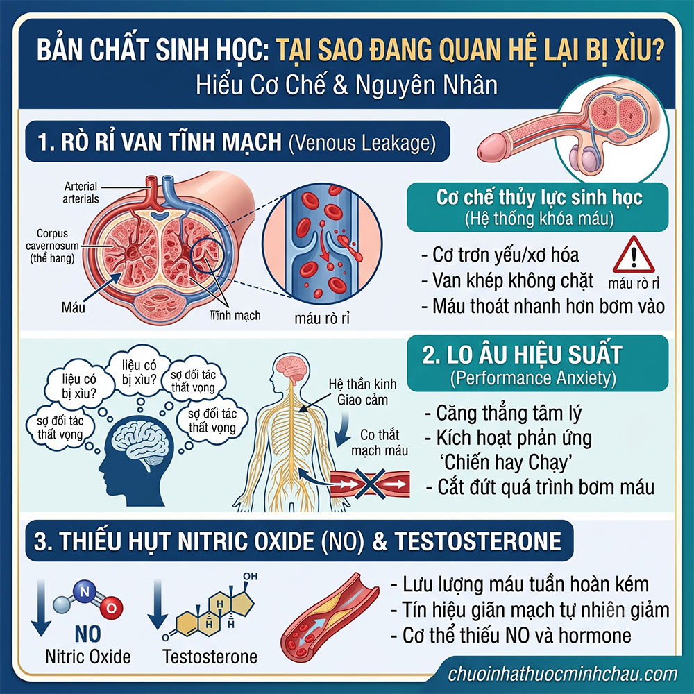Sơ đồ bản chất sinh học giải thích nguyên nhân đang quan hệ bị xìu gồm rò rỉ van tĩnh mạch lo âu hiệu suất và thiếu hụt Nitric Oxide Testosterone