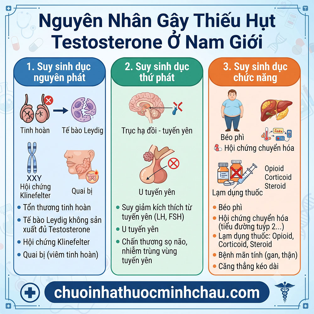 Nguyên nhân gây thiếu hụt testosterone ở nam giới suy sinh dục nguyên phát thứ phát và chức năng